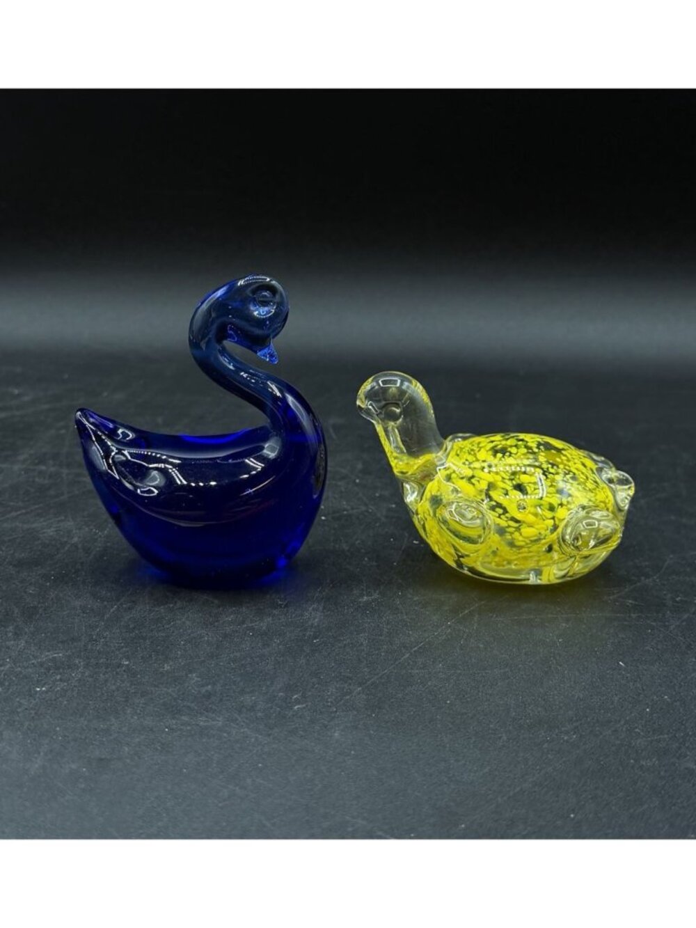 Art Glass Paperweight Blue Swan & Yellow Derpy Turtle Vintage
